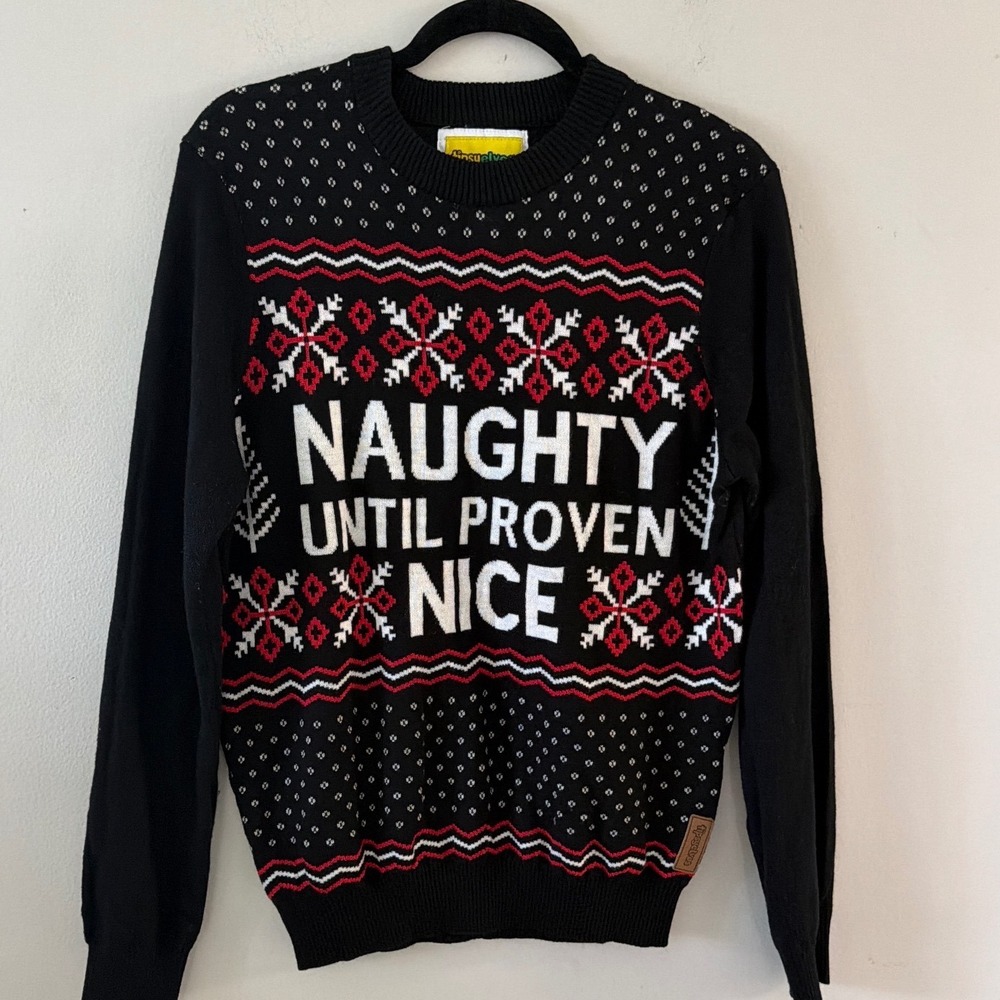 Tipsy Elves Naughty Until Proven Nice Ugly Christmas Sweater Black Mens Medium
